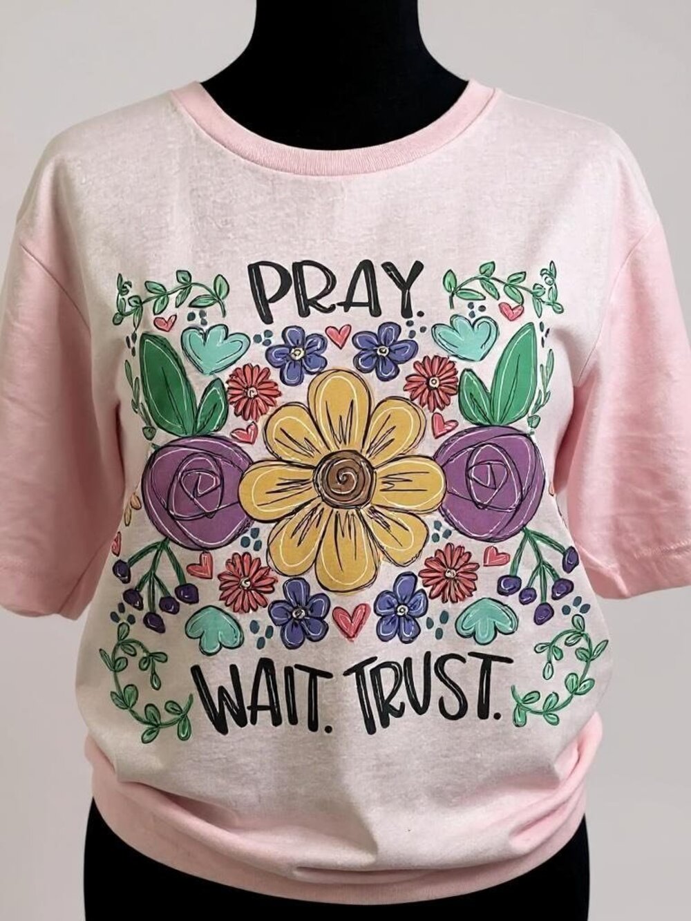 Pray Wait Trust Women's Christian Floral T- Shirt, Faith Shirt, Christian Gift